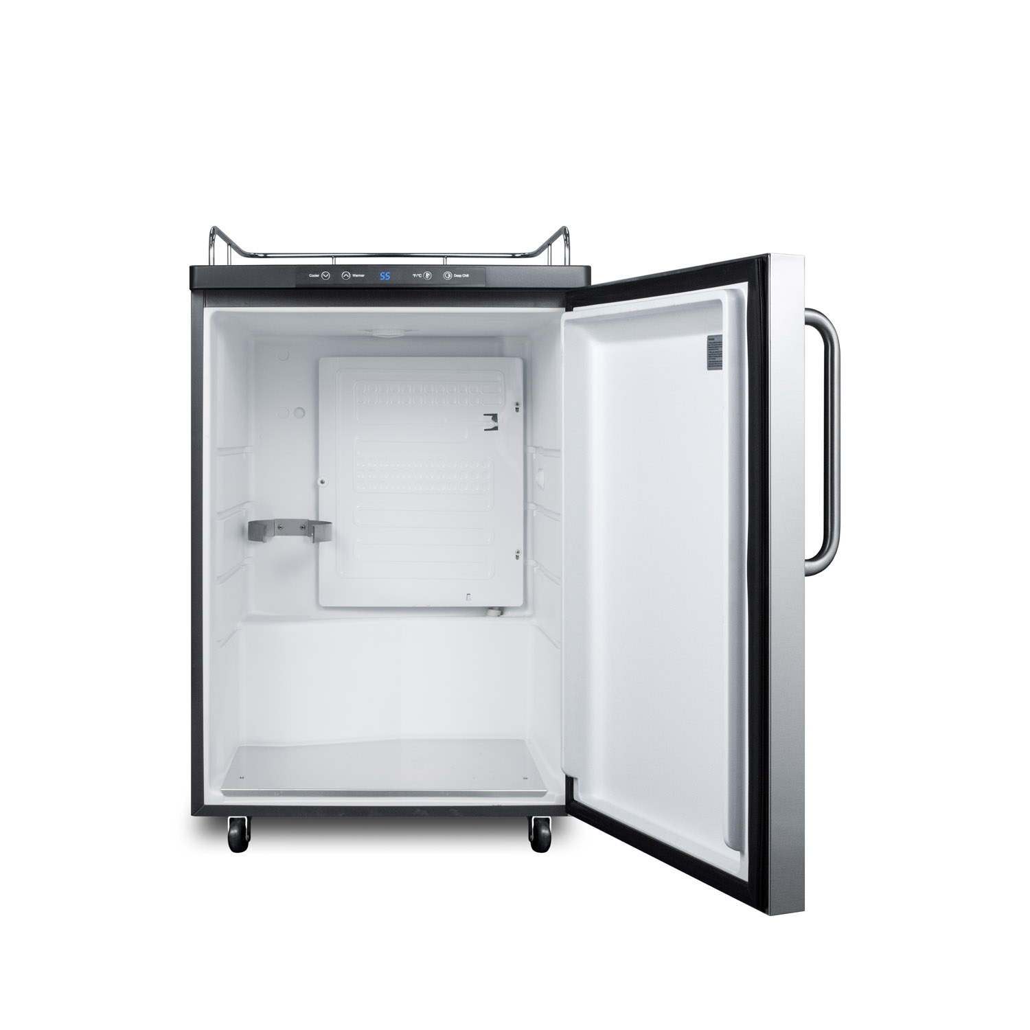 Freestanding residential beer dispenser, auto defrost w/digital thermostat, SS door, towel bar handle, and black cabinet; no tapping equipment included